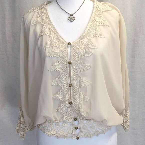 Entro Size Small Top Ecru Doily Lace Accents Rouleau Button Loops - Picture 1 of 16